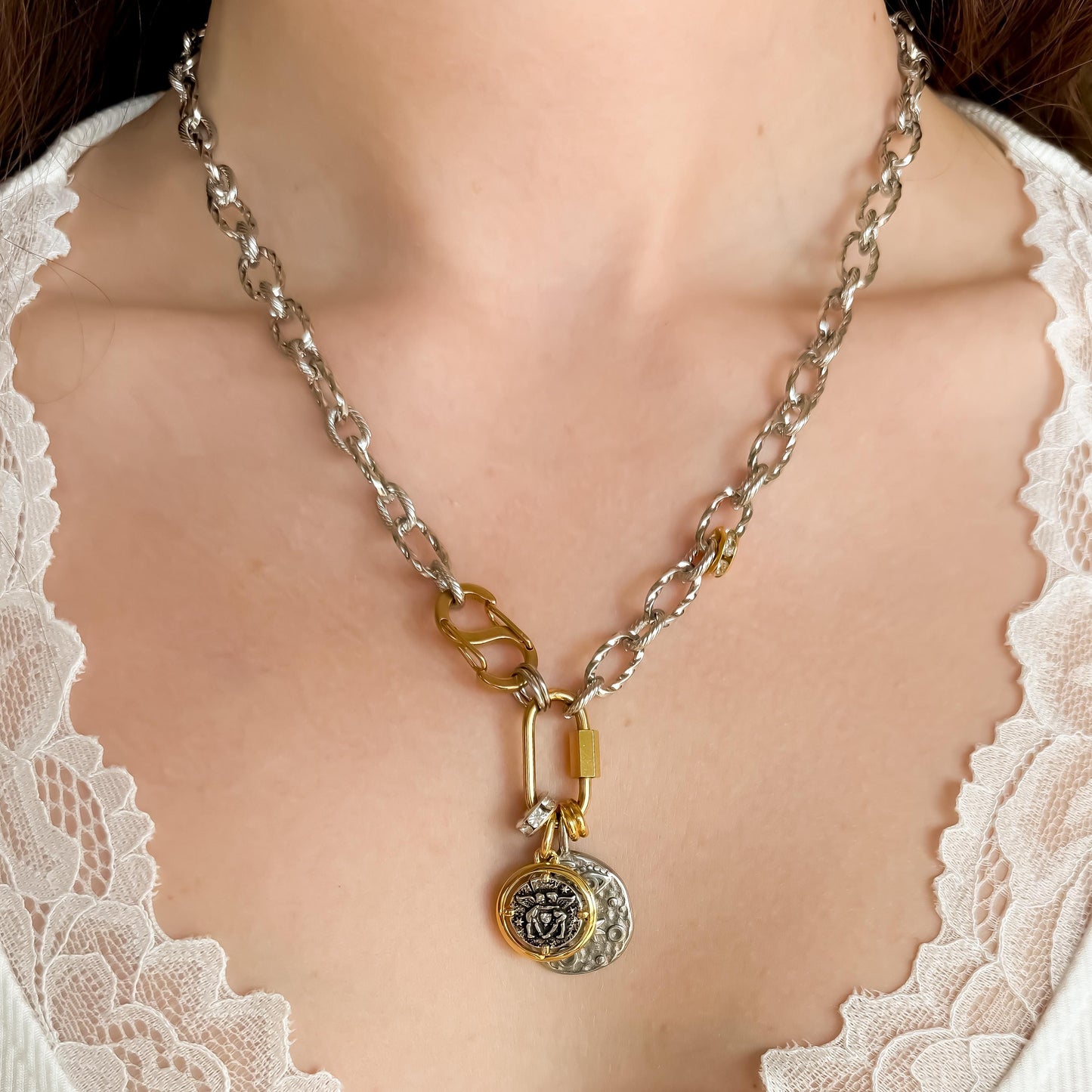 Mixed Metal Coin Charm Necklace - Two Tone Vintage Style Charms