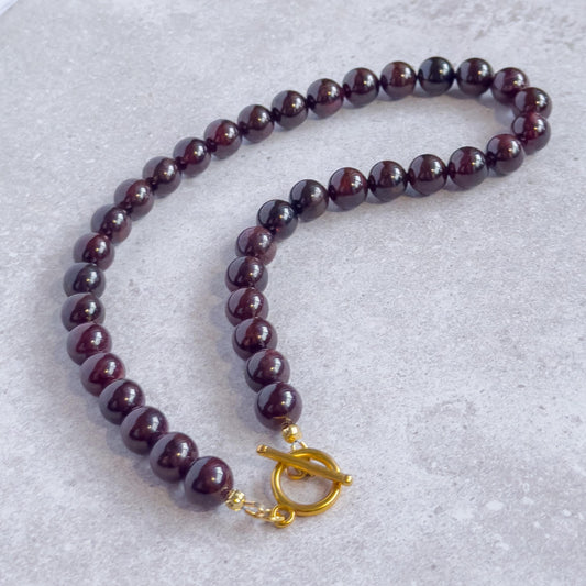 Chunky Garnet Beaded Necklace with Gold Toggle - Burgundy Red Gemstone Beads