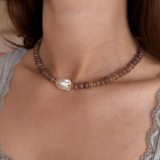 Rose Brown Jade & Baroque Pearl Beaded Choker Necklace