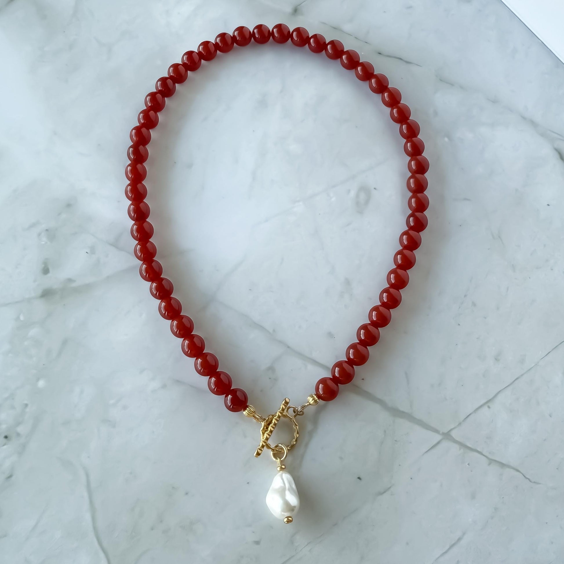 Red Carnelian & Baroque Pearl Necklace: Coastal Toggle Clasp Choker