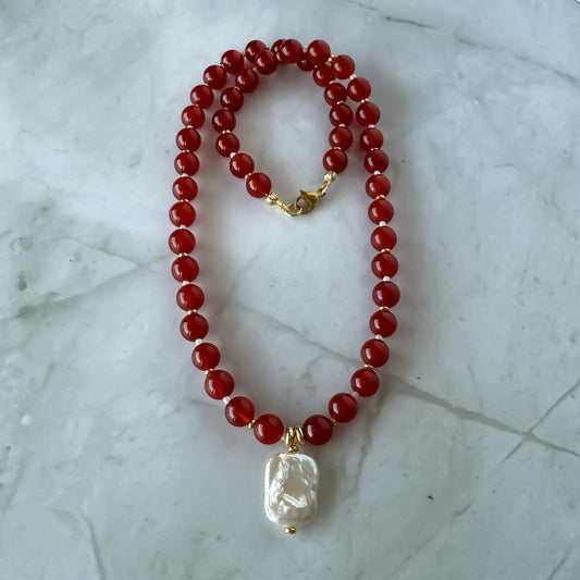 Red Carnelian & Baroque Pearl Necklace: Coastal Beaded Summer Jewelry