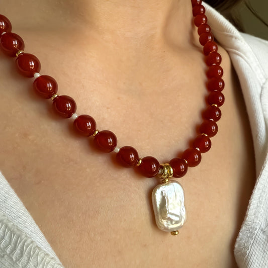 Red Carnelian & Baroque Pearl Necklace: Coastal Beaded Summer Jewelry