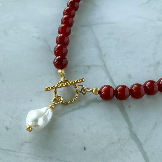Red Carnelian & Baroque Pearl Necklace: Coastal Toggle Clasp Choker