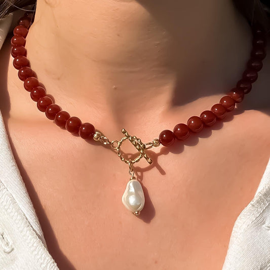 Red Carnelian & Baroque Pearl Necklace: Coastal Toggle Clasp Choker