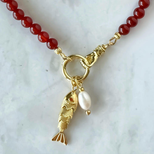 Red Carnelian Beaded Necklace: Articulated Fish & Pearl Charms