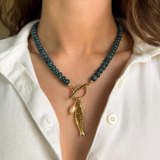 Blue Jade Beaded Necklace: Sardine Fish Charm, Freshwater Pearl