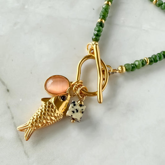 Green Quartz Charm Necklace – Italian Sardine Fish Charm, Chalcedony Abacus Beads, Toggle Clasp, Coastal Boho Revival Crystal Jewelry