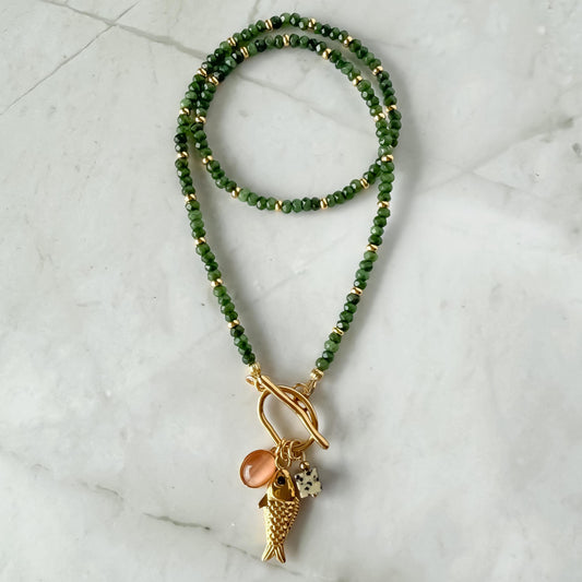 Green Quartz Charm Necklace – Italian Sardine Fish Charm, Chalcedony Abacus Beads, Toggle Clasp, Coastal Boho Revival Crystal Jewelry