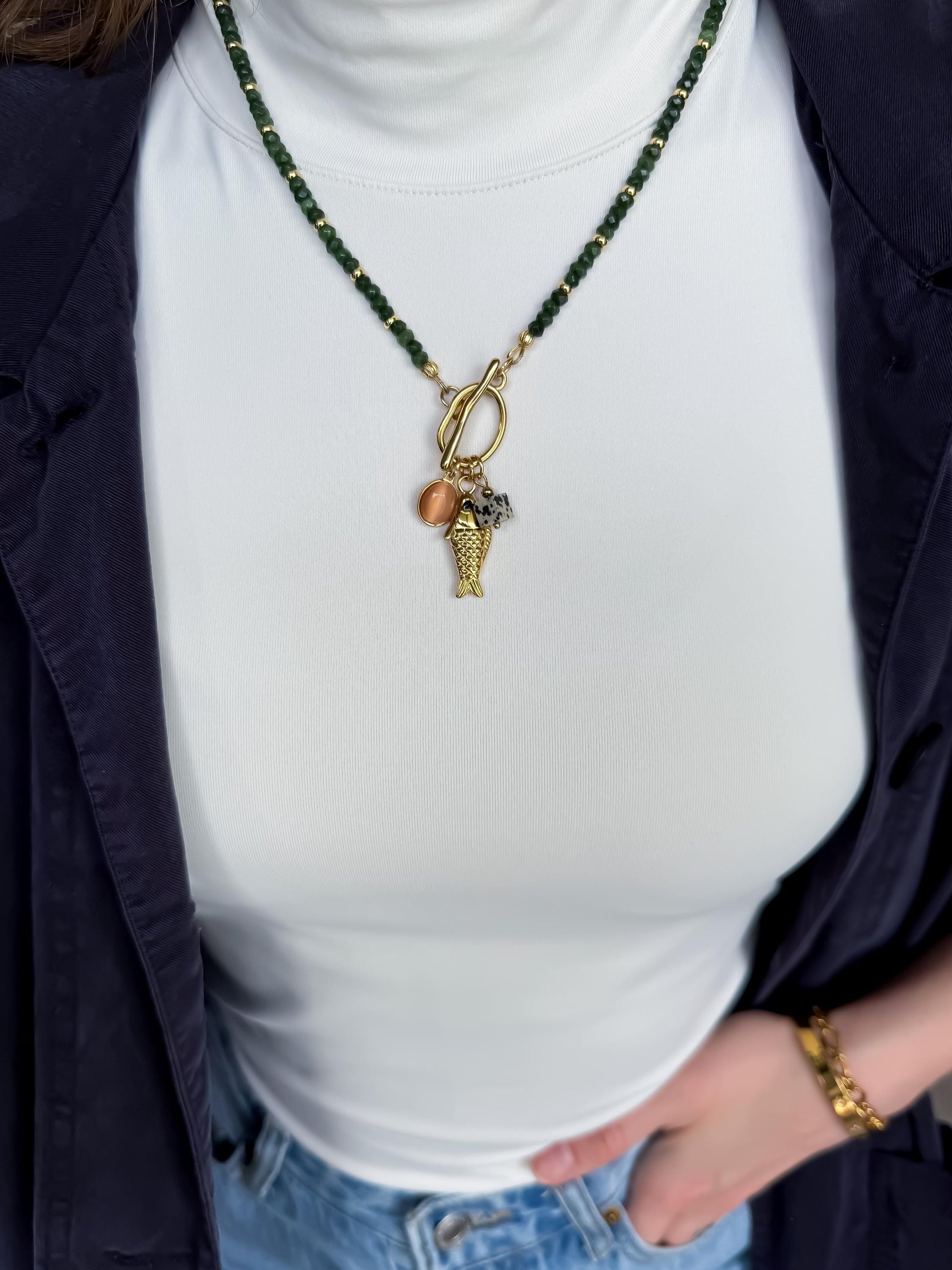 Green Quartz Charm Necklace – Italian Sardine Fish Charm, Chalcedony Abacus Beads, Toggle Clasp, Coastal Boho Revival Crystal Jewelry