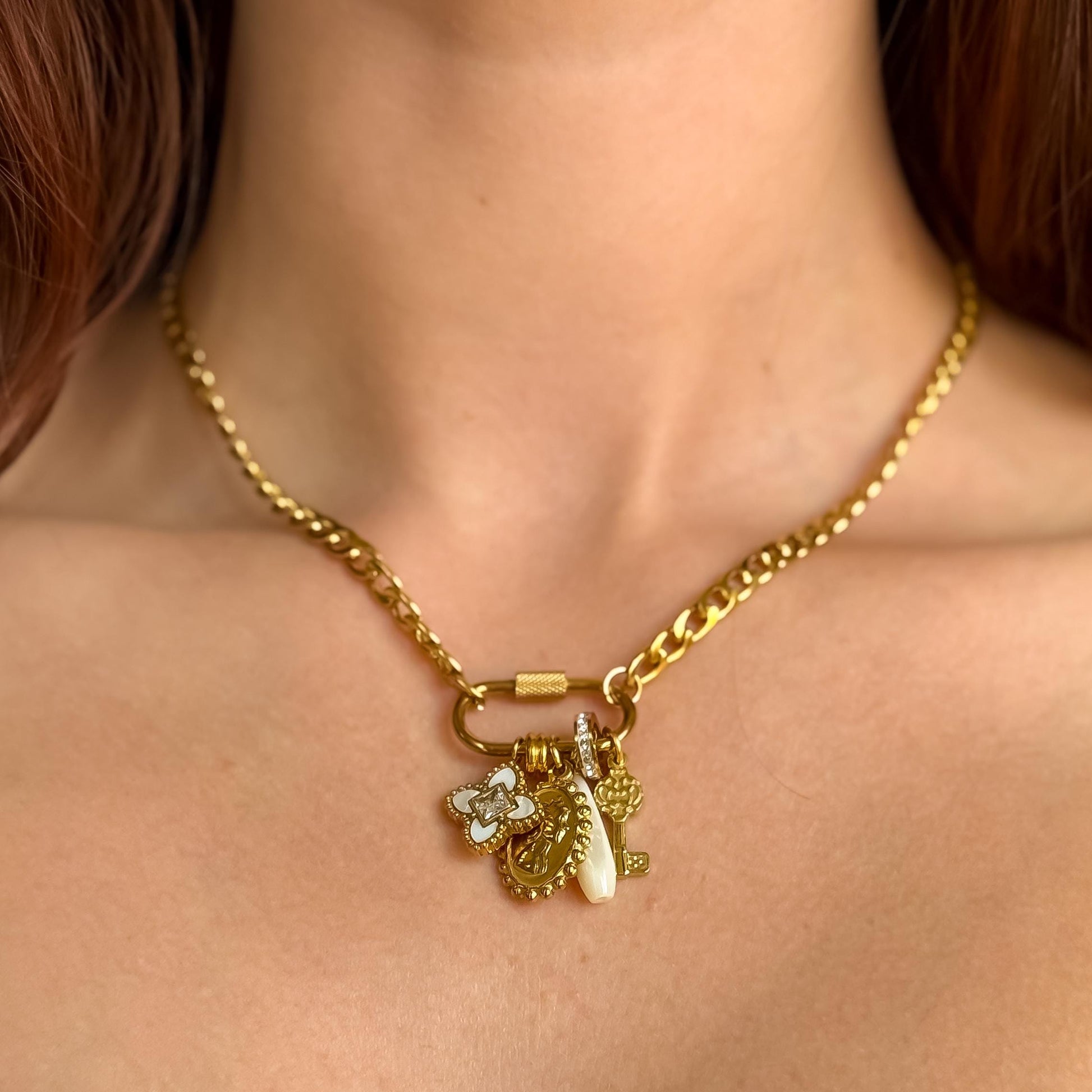 18k Gold Filled Vintage Inspired Gold Charm Necklace: Cameo, Clover, Pearl & Key