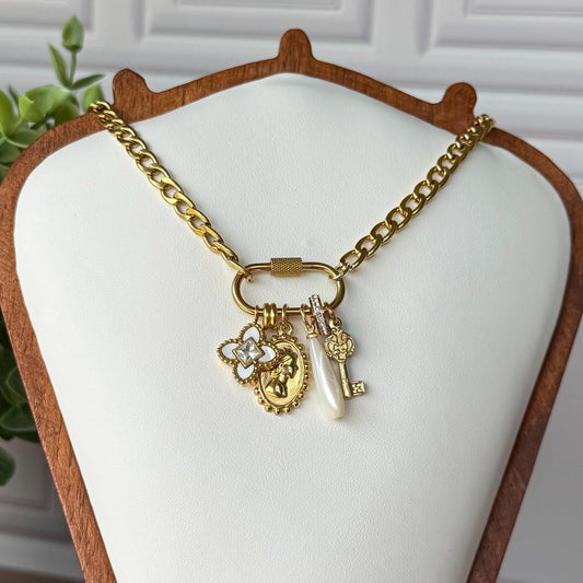 18k Gold Filled Vintage Inspired Gold Charm Necklace: Cameo, Clover, Pearl & Key