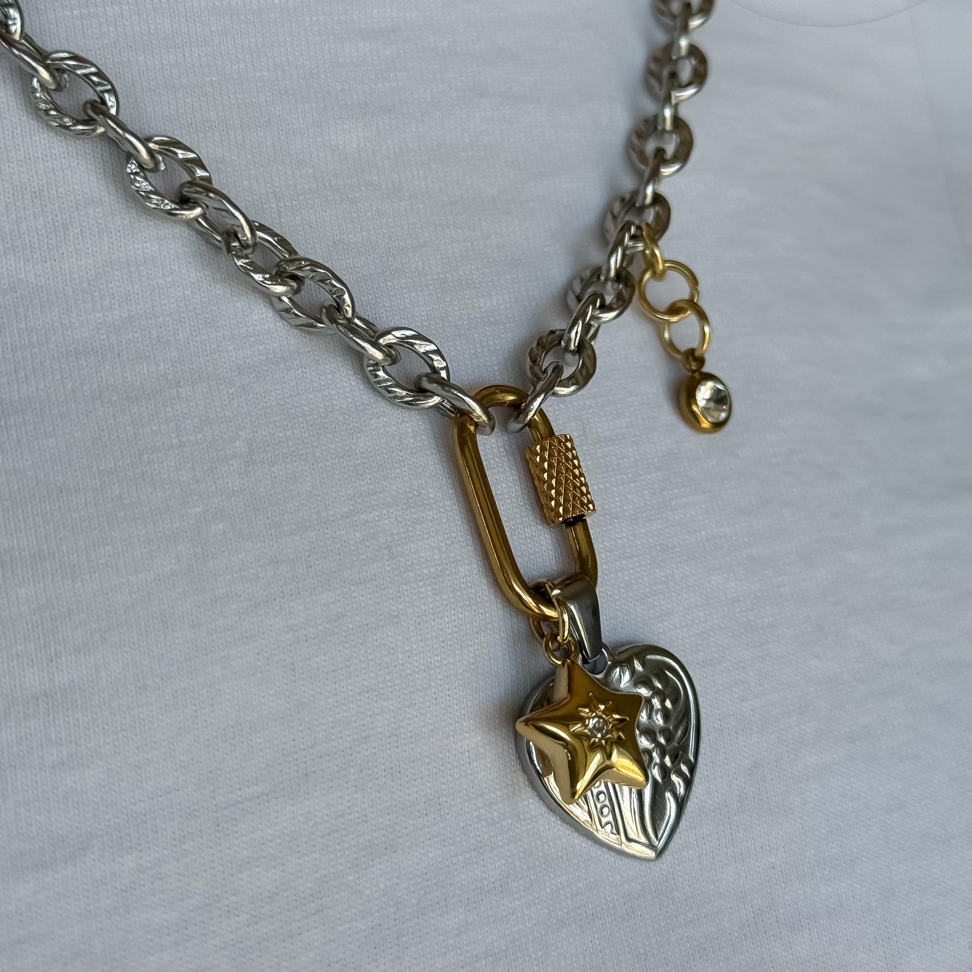 Mixed Metal Heart & Star Charm Necklace: Vintage-Style Stainless Steel