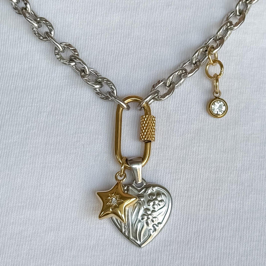 Mixed Metal Heart & Star Charm Necklace: Vintage-Style Stainless Steel