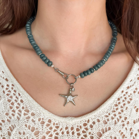 Blue Jade Star Charm Necklace: Coastal Gemstone Jewelry with Silver Details