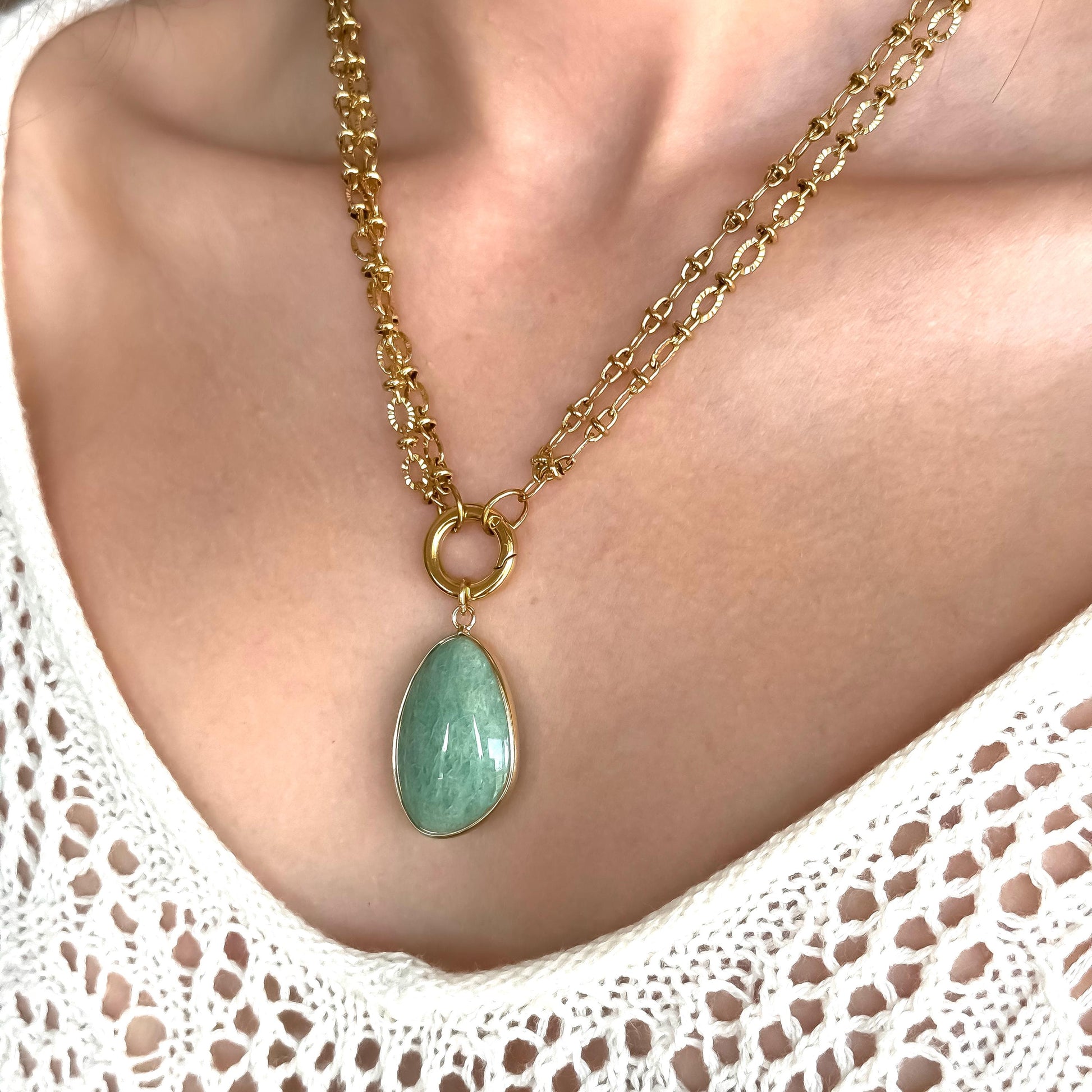 Amazonite Pendant Necklace: Seafoam Green Gemstone Pendant, Double Layer Gold Cable Chain, Boho Jewelry