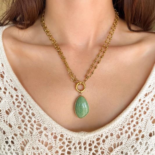 Amazonite Pendant Necklace: Seafoam Green Gemstone Pendant, Double Layer Gold Cable Chain, Boho Jewelry