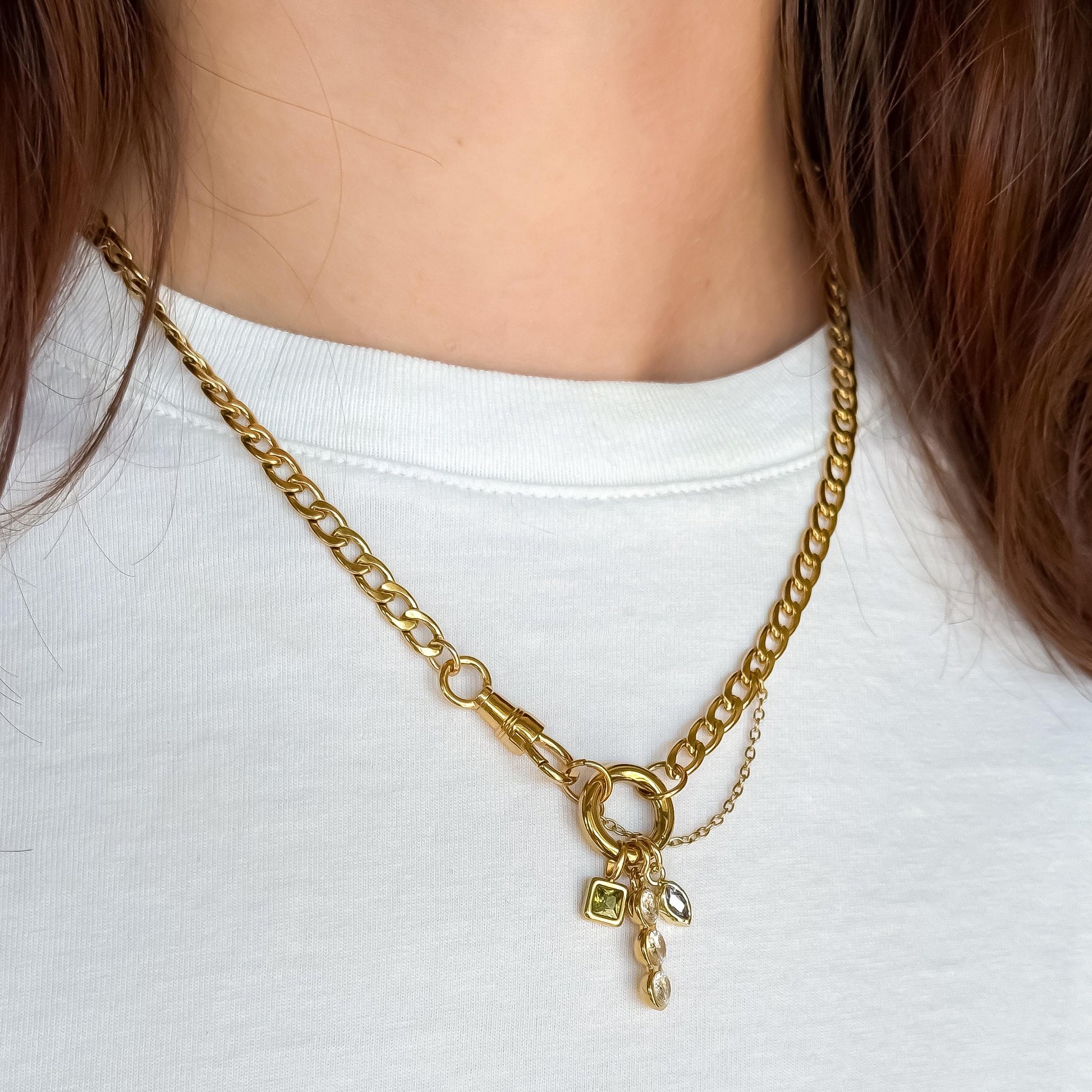 18k Gold Vintage-Style Charm Necklace – Gold Curb Chain with Green Gemstone, Purple Diamond & Crystal Trio Charms
