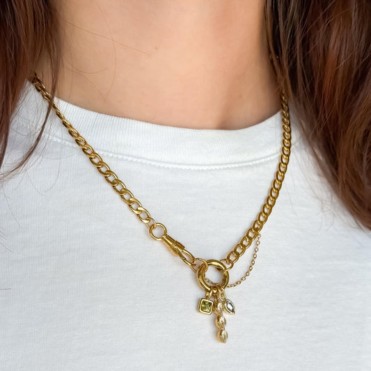 18k Gold Vintage-Style Charm Necklace – Gold Curb Chain with Green Gemstone, Purple Diamond & Crystal Trio Charms