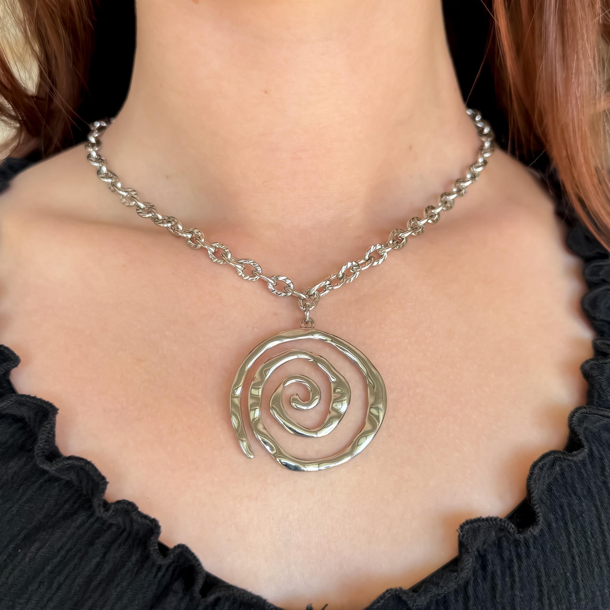 Swirl Pendant Necklace – Whimsical Silver Steel Hammered Statement Pendant