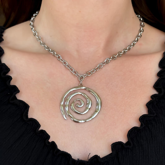 Swirl Pendant Necklace – Whimsical Silver Steel Hammered Statement Pendant