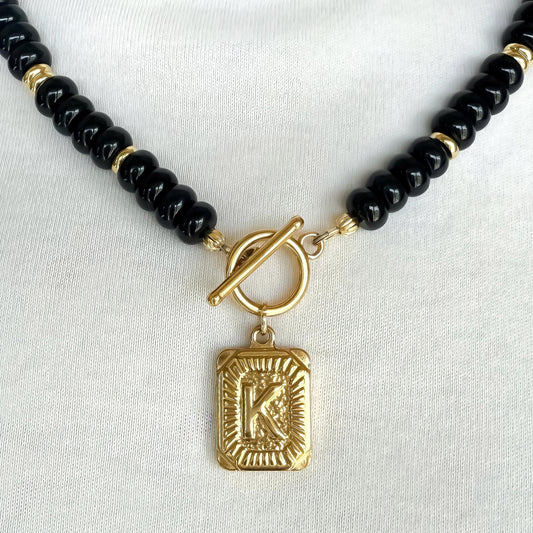 Dark Blue Beaded Initial Necklace – 18k Gold or Silver & Jade, Toggle Clasp Vintage Charm