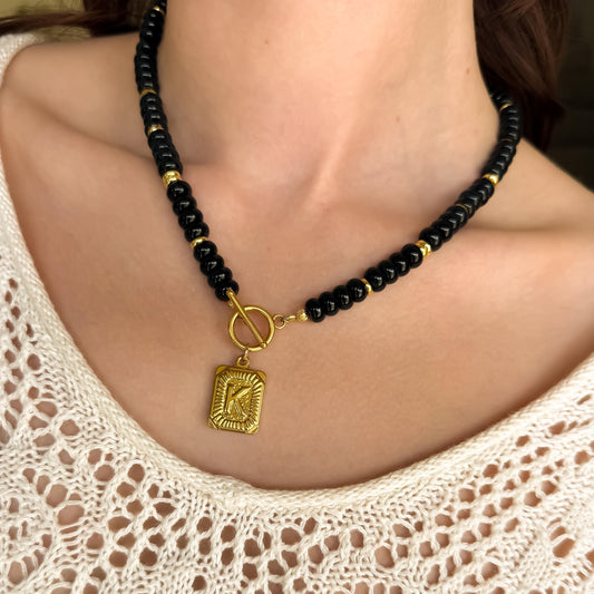 Dark Blue Beaded Initial Necklace – 18k Gold or Silver & Jade, Toggle Clasp Vintage Charm