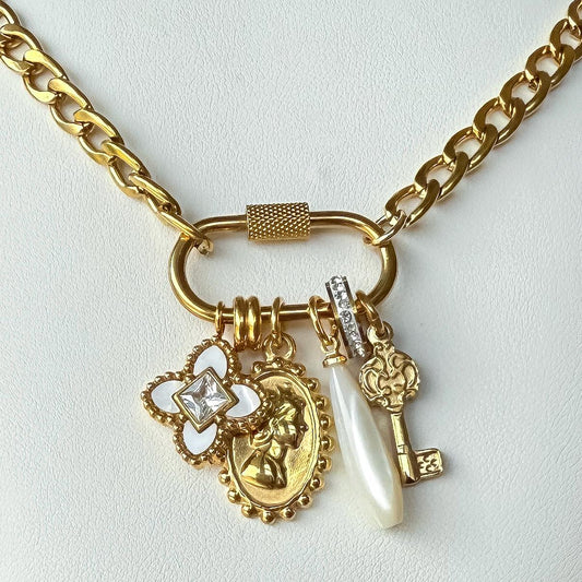 18k Gold Filled Vintage Inspired Gold Charm Necklace: Cameo, Clover, Pearl & Key