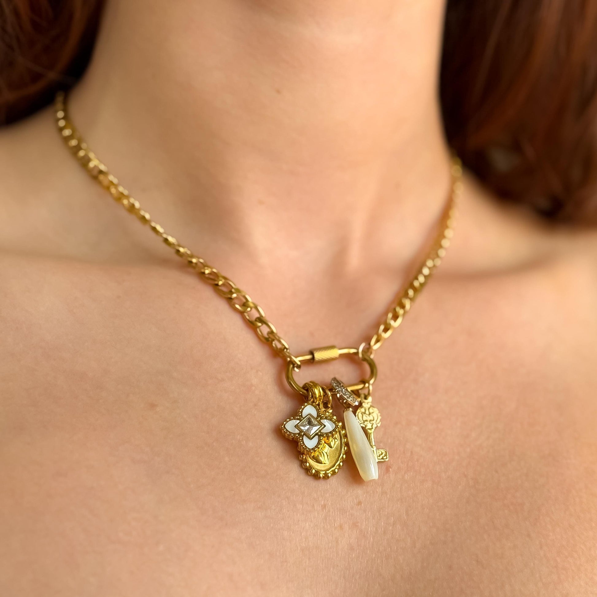 18k Gold Filled Vintage Inspired Gold Charm Necklace: Cameo, Clover, Pearl & Key