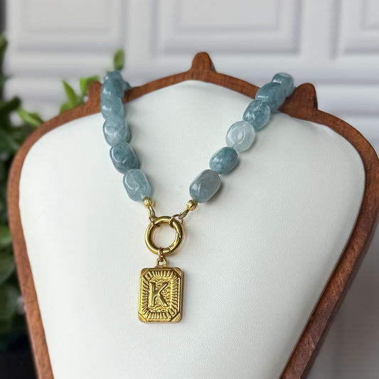 Custom Initial Beaded Necklace – Blue Aquamarine Agate Beads with Gold Vintage Letter Pendant