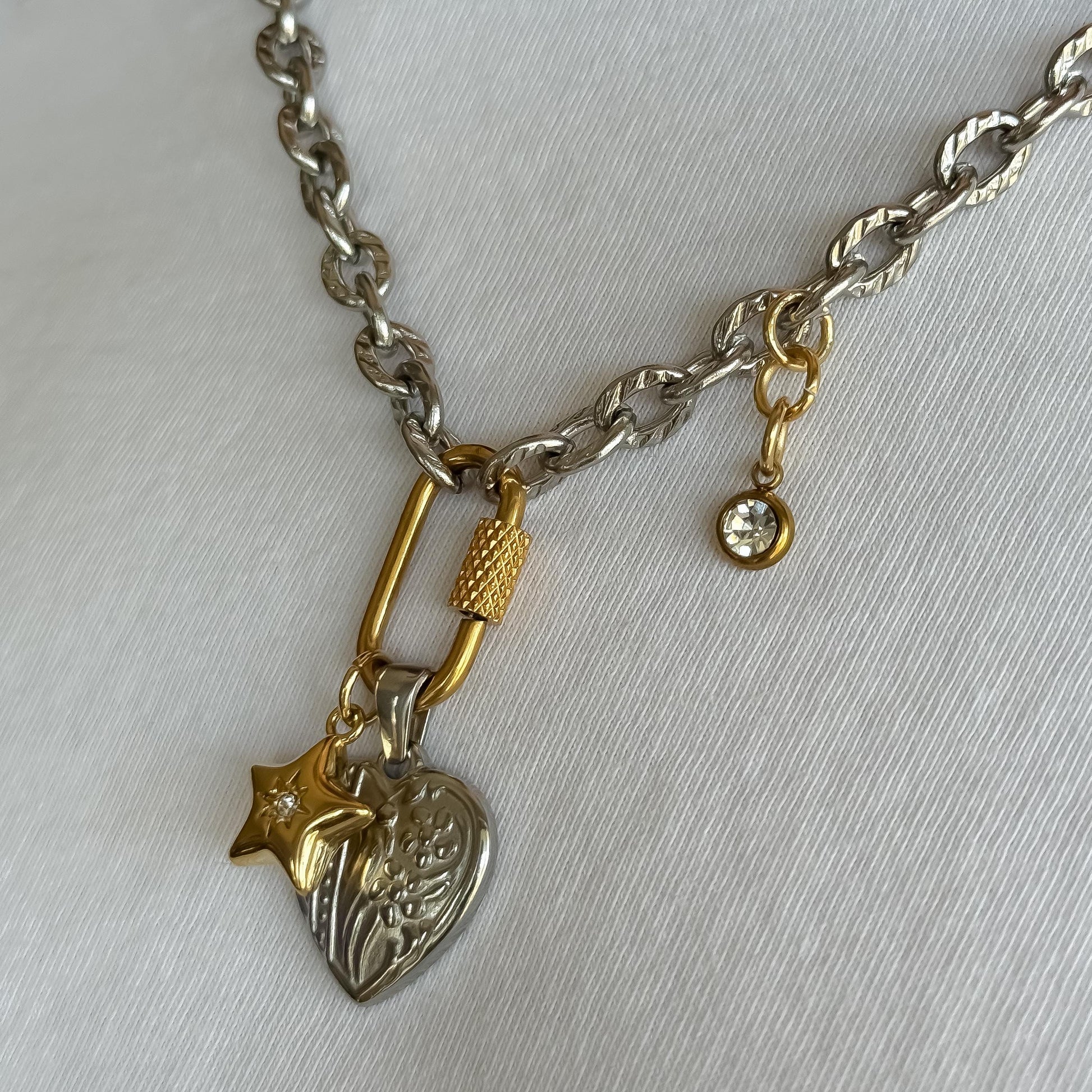 Mixed Metal Heart & Star Charm Necklace: Vintage-Style Stainless Steel