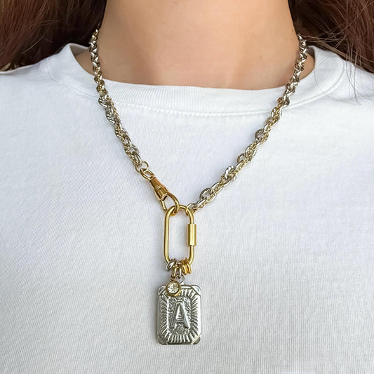 Mixed Metal Initial Necklace – Two-Tone Stainless Steel Chain with Carabiner, CZ Crystal & Letter Pendant