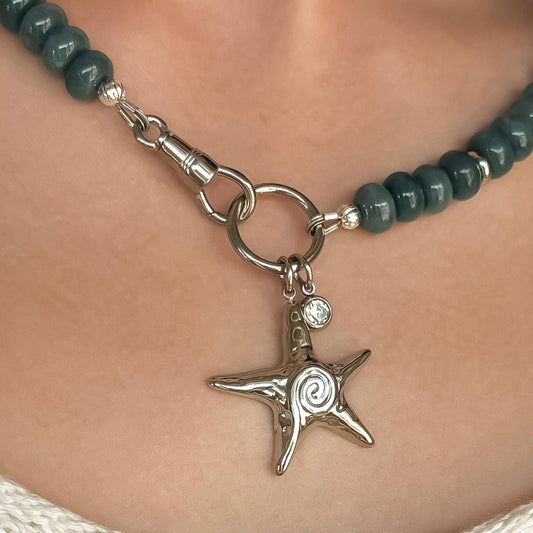 Blue Jade Star Charm Necklace: Coastal Gemstone Jewelry with Silver Details
