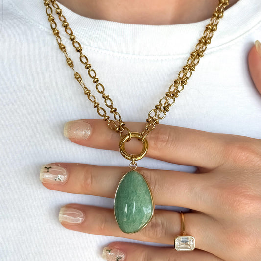 Amazonite Pendant Necklace: Seafoam Green Gemstone Pendant, Double Layer Gold Cable Chain, Boho Jewelry