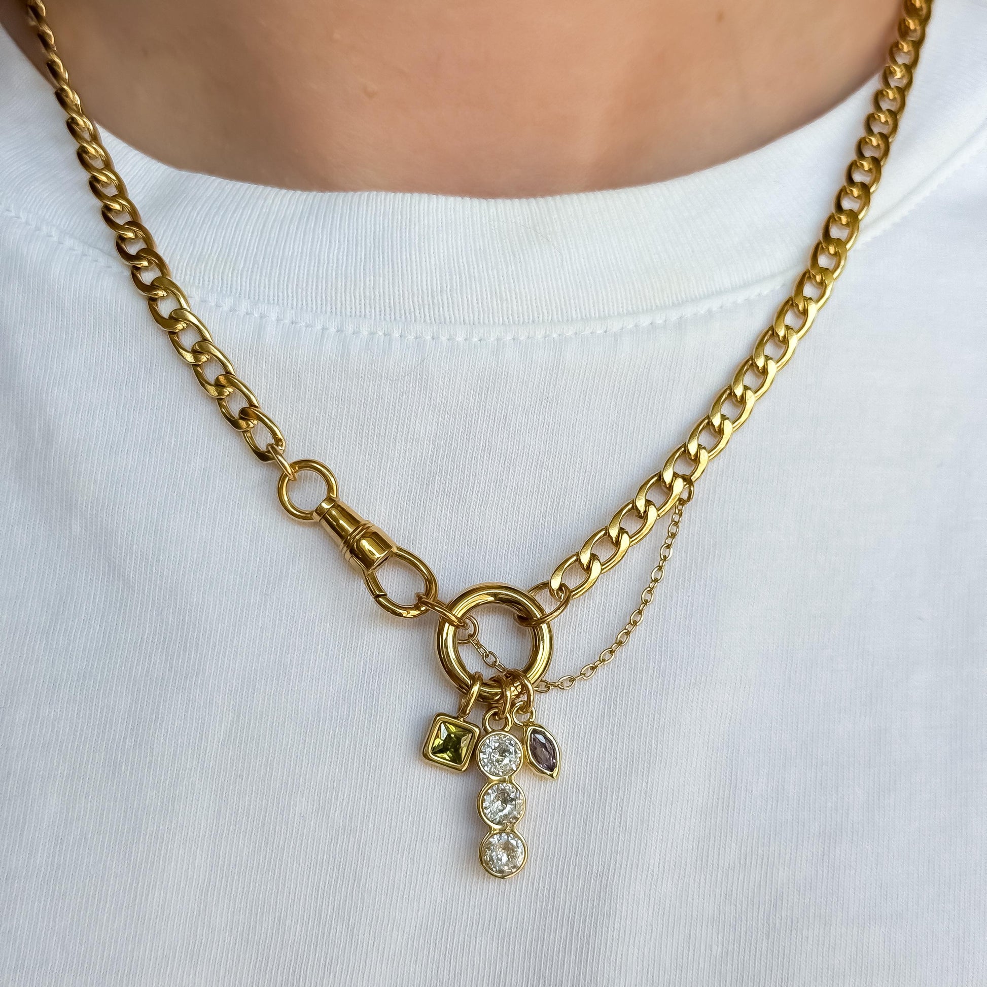 18k Gold Vintage-Style Charm Necklace – Gold Curb Chain with Green Gemstone, Purple Diamond & Crystal Trio Charms