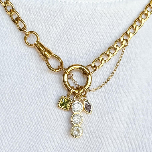 18k Gold Vintage-Style Charm Necklace – Gold Curb Chain with Green Gemstone, Purple Diamond & Crystal Trio Charms