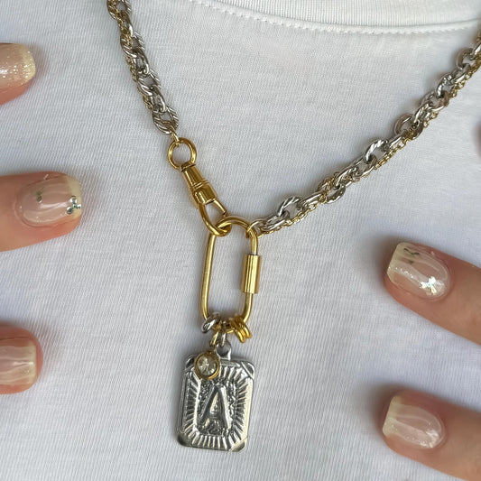 Mixed Metal Initial Necklace – Two-Tone Stainless Steel Chain with Carabiner, CZ Crystal & Letter Pendant