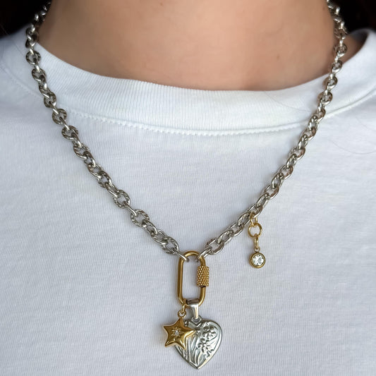 Mixed Metal Heart & Star Charm Necklace: Vintage-Style Stainless Steel
