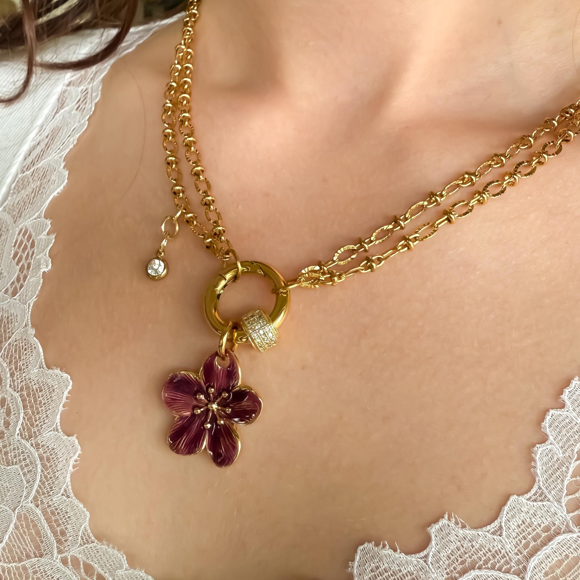18k Gold Burgundy Flower Charm Necklace | Layered Chain with Pave CZ