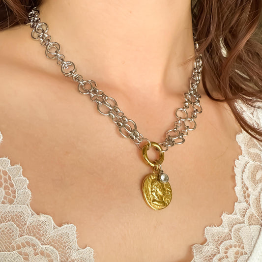 Mixed Metal Cameo Coin & CZ Necklace - Two Tone Double Layer Circle Chain