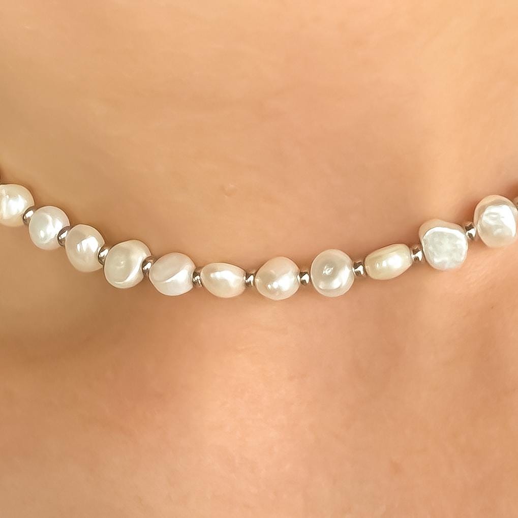 Pearl Choker Necklace | Dainty Real Pearls with Gold or Silver Beads