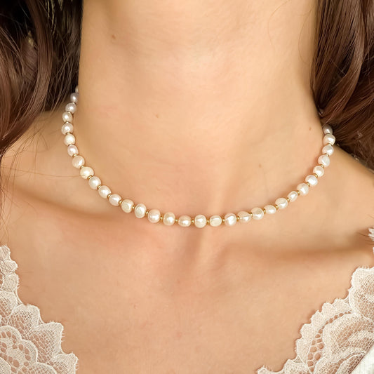 Pearl Choker Necklace | Dainty Real Pearls with Gold or Silver Beads