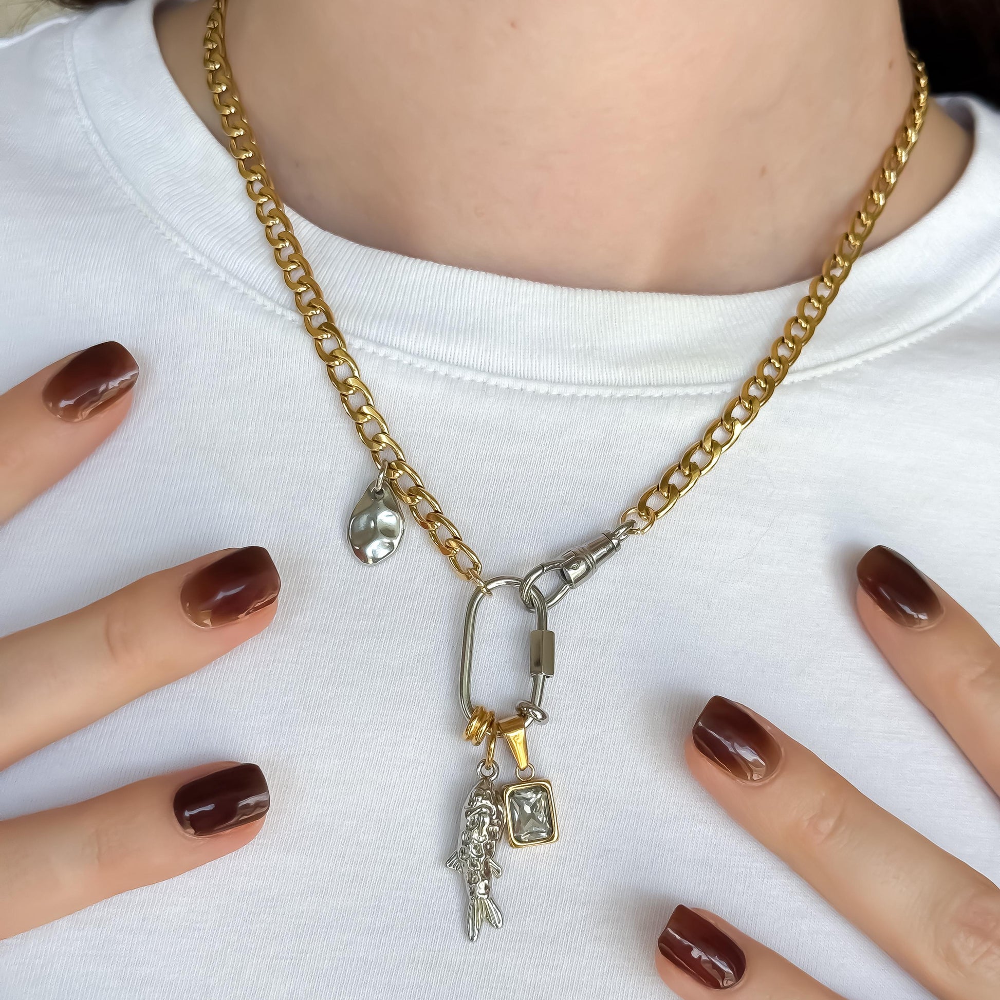 Mixed Metal Charm Necklace – Two Tone Fish Charm, Gold Crystal Accent & Abstract Hammered Detail