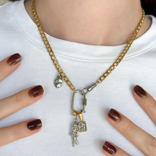 Mixed Metal Charm Necklace – Two Tone Fish Charm, Gold Crystal Accent & Abstract Hammered Detail