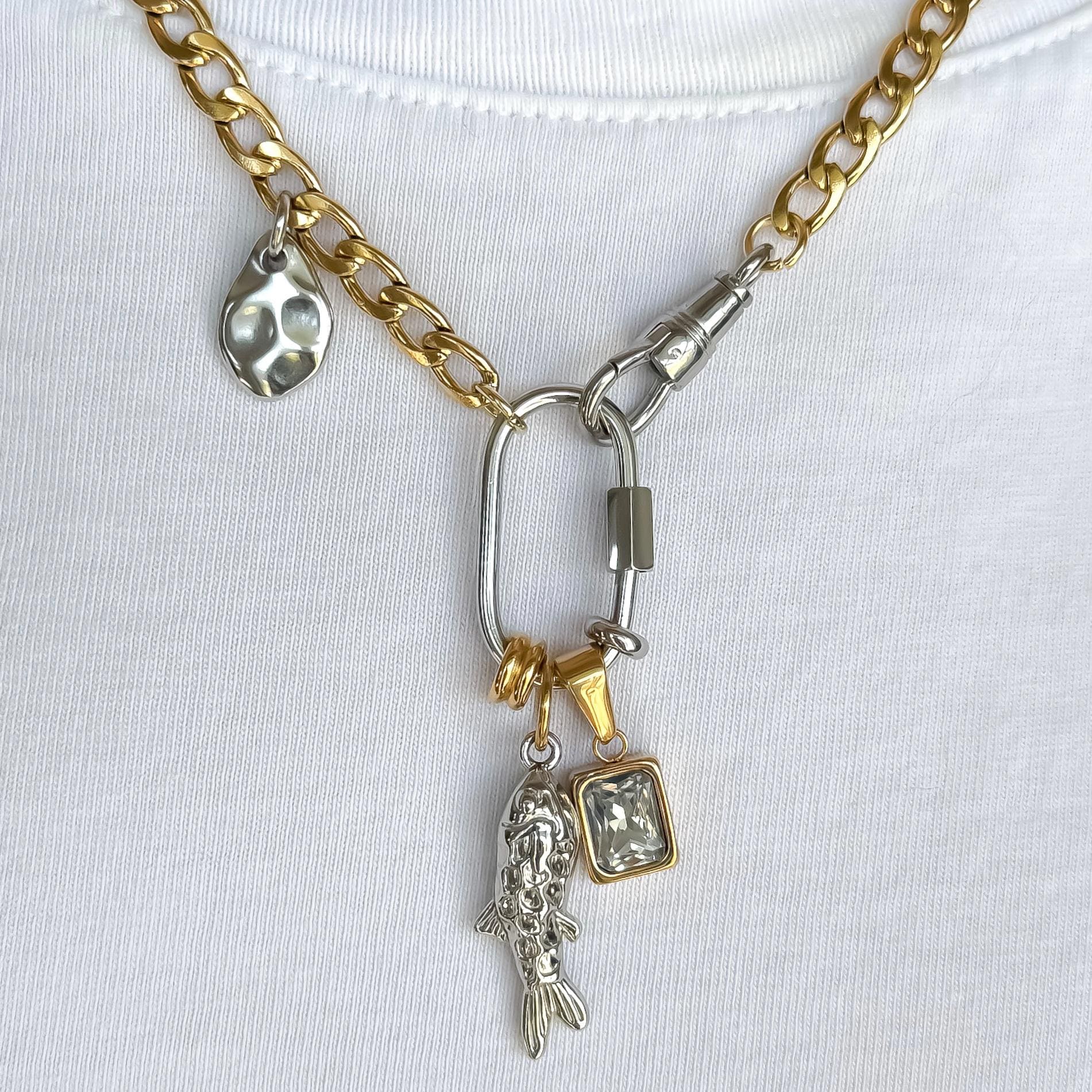 Mixed Metal Charm Necklace – Two Tone Fish Charm, Gold Crystal Accent & Abstract Hammered Detail