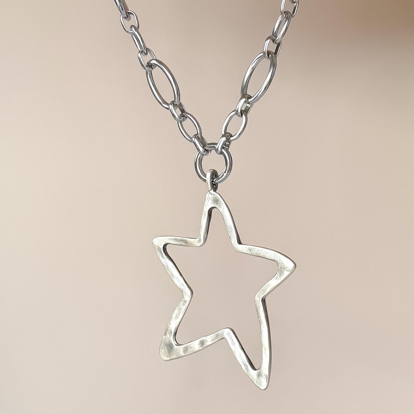 Chunky Hammered Star Necklace - Bold Silver Statement Necklace