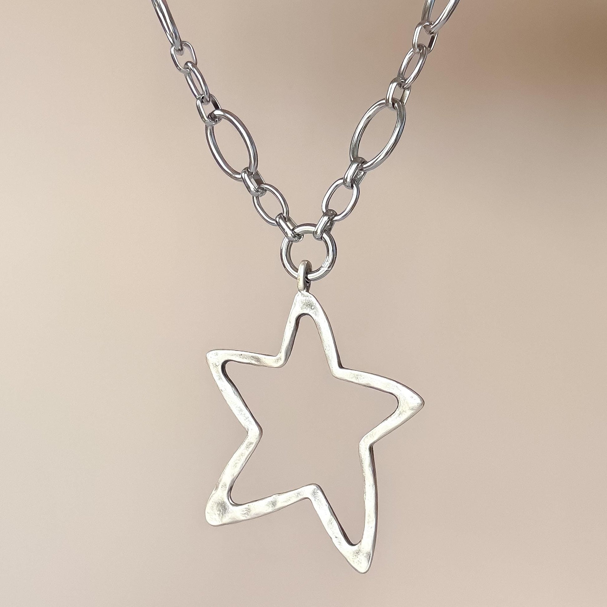 Chunky Hammered Star Necklace - Bold Silver Statement Necklace