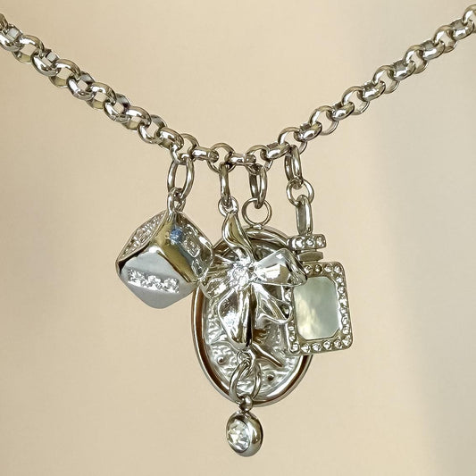 Dreamy Silver Charm Necklace – Multi Pendant with Rolo Chain