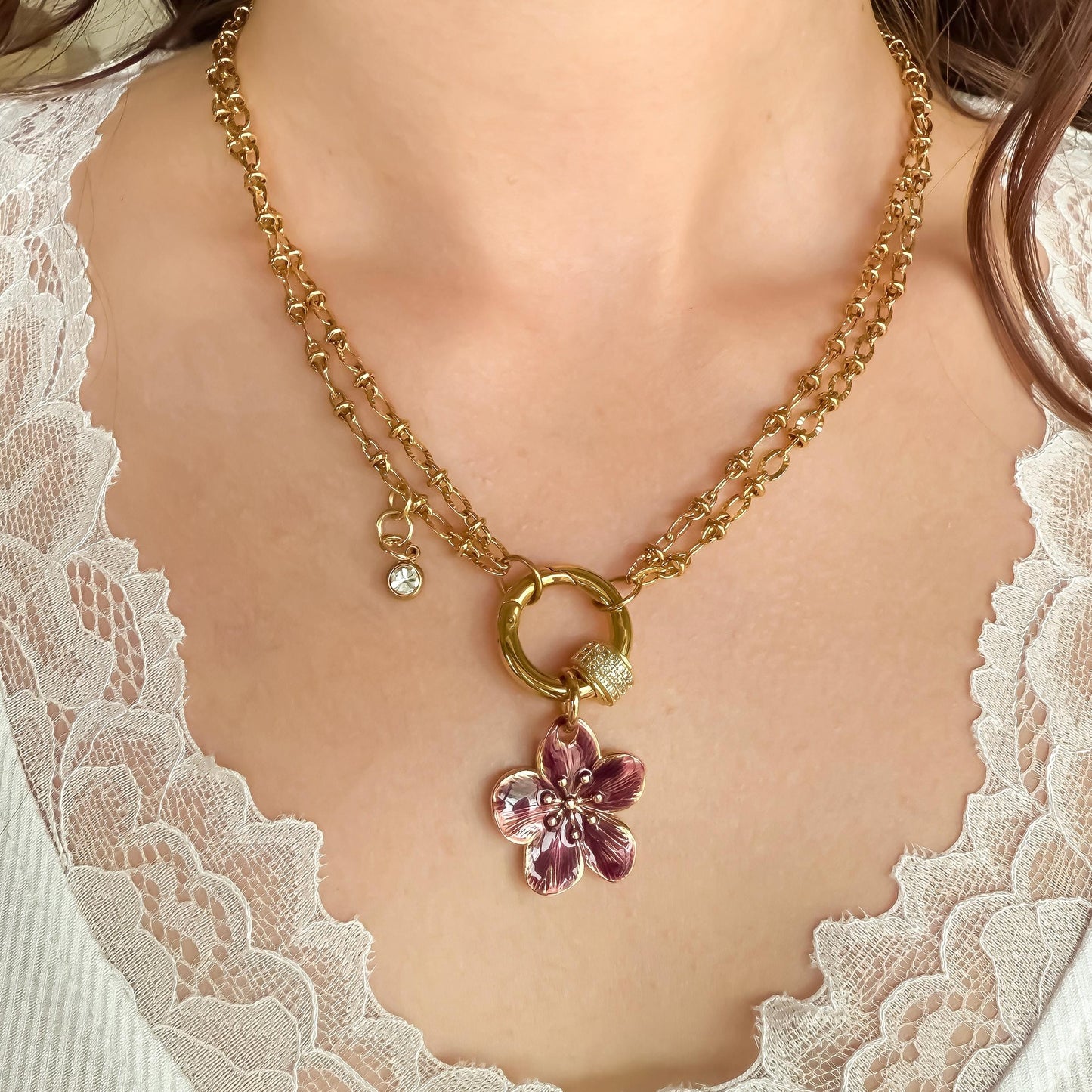 18k Gold Burgundy Flower Charm Necklace | Layered Chain with Pave CZ