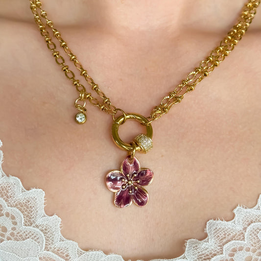 18k Gold Burgundy Flower Charm Necklace | Layered Chain with Pave CZ