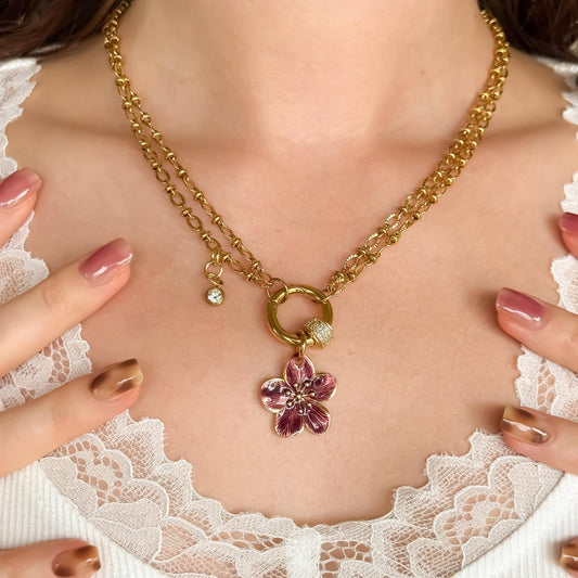 18k Gold Burgundy Flower Charm Necklace | Layered Chain with Pave CZ